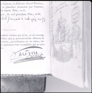 Assinatura de Marie Antoine Careme (1784-1833) de &39;Le Maitre d&39;Hotel francais&39; por Carême, publicada em 1822 (caneta e tinta sobre papel)
